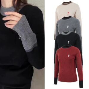 [국내배송]아미 하트 목 폴라배색 울 니트